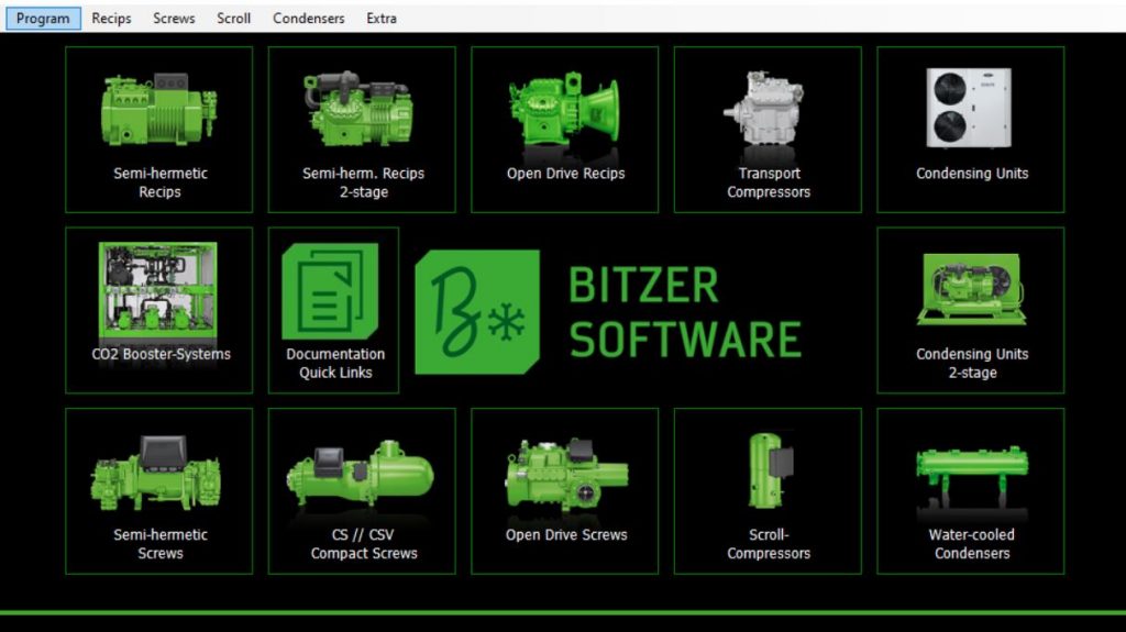 Giao diện phần mềm tính chọn máy nén Bitzer